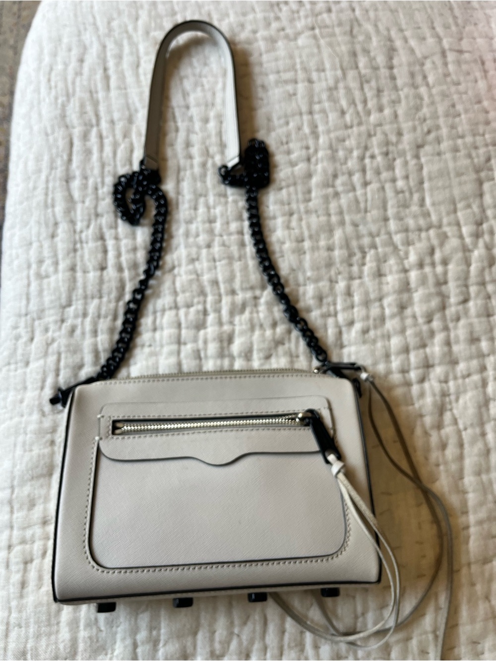Rebecca Minkoff Light Gray Leather Crossbody with Black Chain Strap